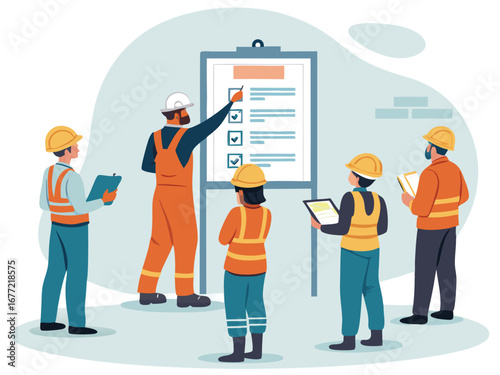 “Construction Workers Safety Training Illustration – Workplace Safety, Engineering Team Meeting, Occupational Health Checklist Concept in Flat Vector Style”
