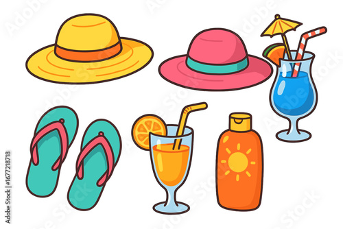 Summer beach vacation essentials with colorful sun hats, refreshing tropical drinks, flip flops, and sunscreen. Vector cartoon illustration set for travel, leisure, and summer fun.