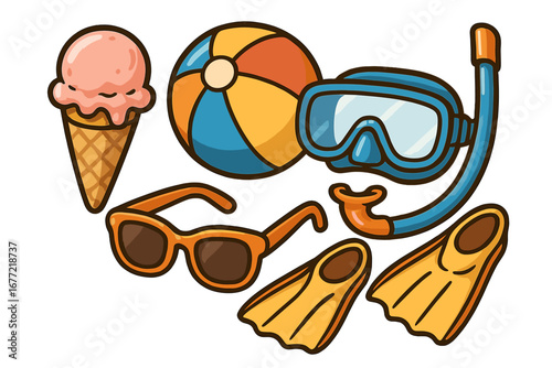 Summer beach essentials vector cartoon illustration with colorful ice cream cone, sunglasses, snorkeling gear, beach ball, and yellow flippers for a perfect sunny day