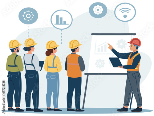 “Construction Workers Safety Training Illustration – Workplace Safety, Engineering Team Meeting, Occupational Health Checklist Concept in Flat Vector Style”
