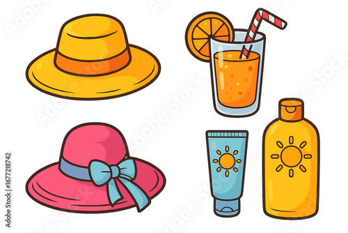 Summer beach vacation essentials with colorful sun hats, refreshing orange drinks with straws, and sunscreen bottles in vibrant vector cartoon style on transparent background