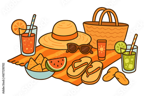 Summer Relaxation Essentials for a Beach Day with Refreshing Drinks, Tasty Snacks, Stylish Accessories, Flip Flops, and Sun Protection - Vector Cartoon Illustration with Transparent Background