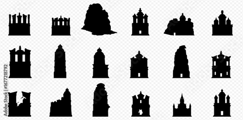 Various black silhouettes of architectural structures, including castles, towers, and ruins, presented on a transparent background.