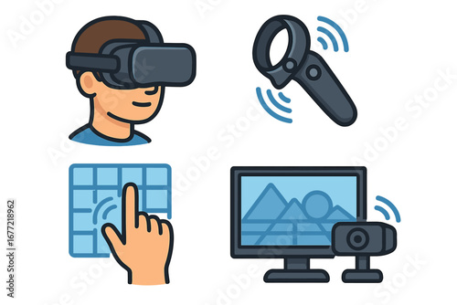 Technology tools for immersive virtual reality experiences and interactive systems, including VR headset, motion controller, touch keyboard, and webcam monitor setup, vector cartoon illustration