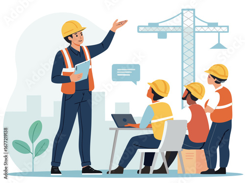 “Construction Workers Safety Training Illustration – Workplace Safety, Engineering Team Meeting, Occupational Health Checklist Concept in Flat Vector Style”