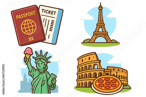 Travel essentials including passports, tickets, iconic landmarks like Eiffel Tower, Statue of Liberty, Colosseum with cultural food experiences like pizza and ice cream. Vector cartoon illustration
