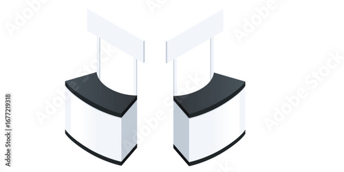 Isometric white exhibition stands with curved awnings. Modern trade show booth design with display panels. Commercial presentation concept for events. Vector illustration isolated on white background