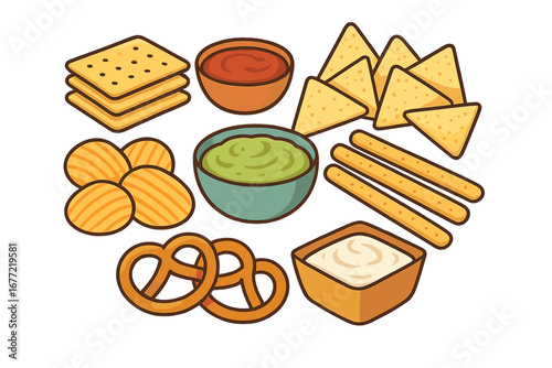 Colorful Variety of Snack Items with Dips for Casual Party or Gathering, Cartoon Vector Illustration Featuring Crackers, Chips, Pretzels, Breadsticks, and Sauces