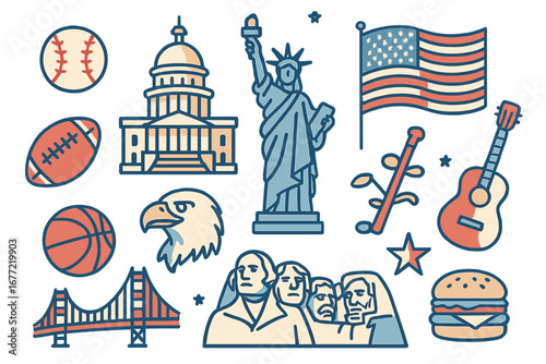 American symbols and USA icons set. National culture, sports, food and travel landmarks. Vector cartoon illustration of flag, eagle, Statue of Liberty, capitol, and burger.
