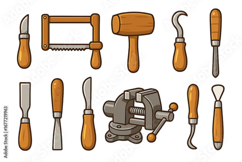 Various Crafting Tools for Carving and Shaping Materials Vector Cartoon Illustration with Transparent Background, Ordered Set of Hand Tools for Woodworking and Sculpting