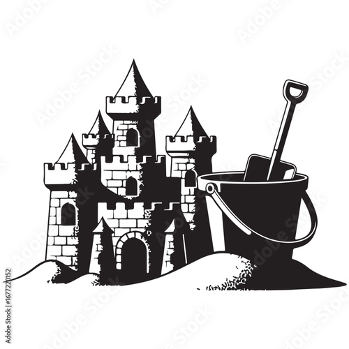 Sandcastle, Bucket, and Shovel Summer Play Illustration
