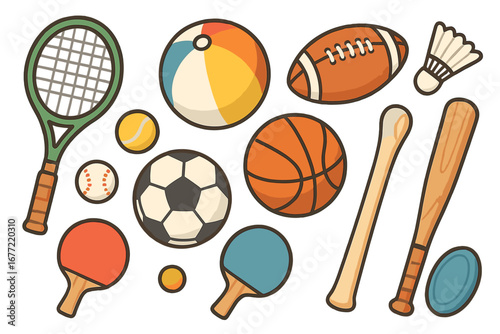 Various Sports Equipment for Summer Activities and Recreational Games in Minimalist Cartoon Style, Vector Illustration of Tennis, Football, Basketball, Baseball, Ping Pong, Badminton