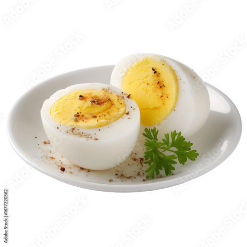 Find healthy protein breakfast boiled egg halves with yolk and parsley garnish plate on transparent background