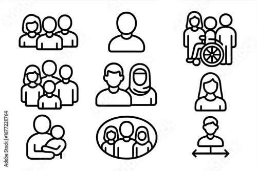 Collection of diverse line icons for community and society. People, family, and group symbols. Vector icon set with disability, inclusion, multicultural couple, and social distance.