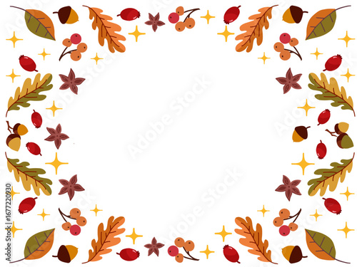 Flat vector autumn frame: rowan berries, rosehip, acorns and colorful leaves with empty center for text, perfect for banners and cards.