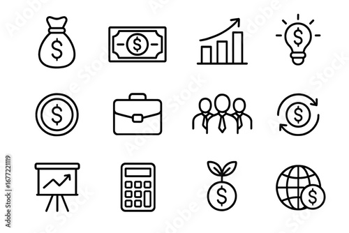Business and finance line icon set. Vector symbols for money, investment, growth, and economy. Pictogram collection for banking, profit, startup, and corporate concepts.