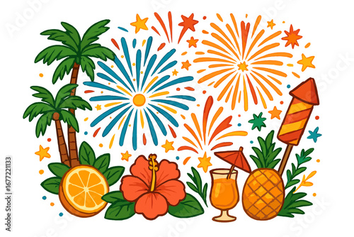 Vibrant festive fireworks with tropical elements, palm trees, pineapples, hibiscus flower, and summer cocktail in cartoon style, colorful celebration vector set with transparent background