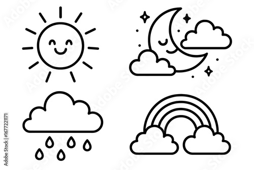 Weather-themed line art illustrations featuring sun, moon, clouds, rain, and rainbow with cartoon style, depicting various weather elements and atmospheric conditions in vector design