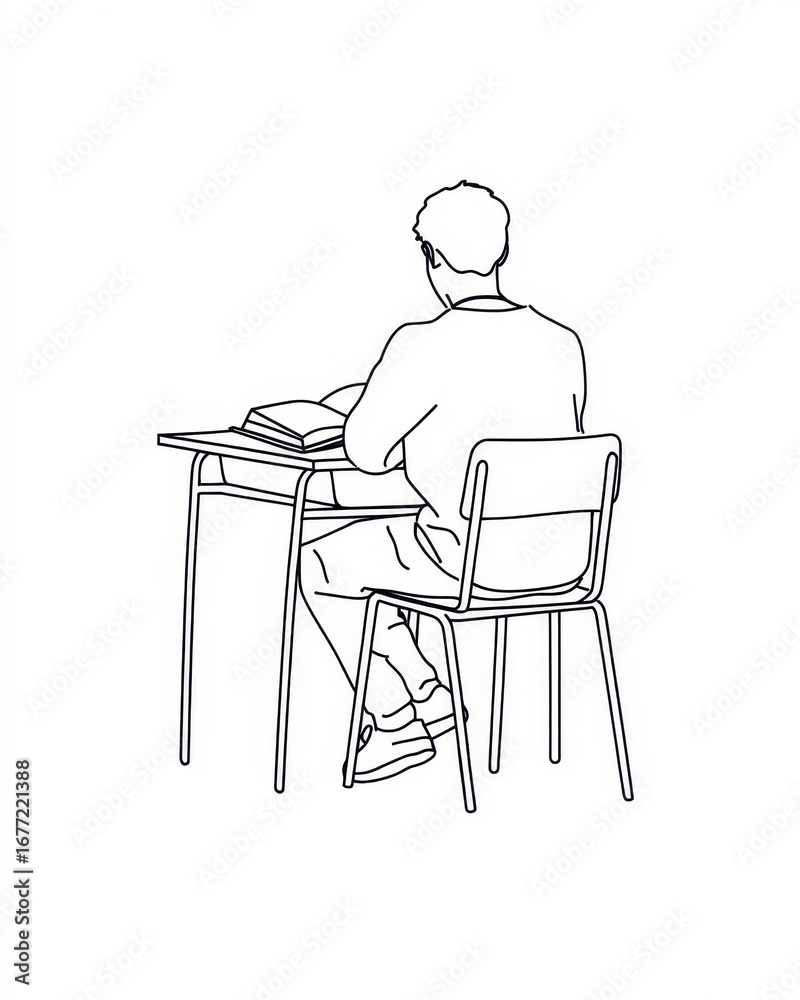 Fototapeta premium Line art of student studying alone at desk in minimalist style