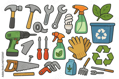 Various Tools and Eco-Friendly Items for Home Maintenance and Gardening, Cartoon Vector Illustration, Sustainable Living and DIY Repair Equipment on White Background