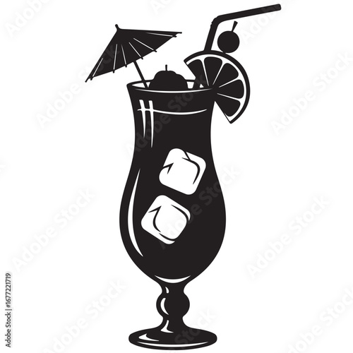 Black and White Tropical Cocktail Illustration in Hurricane Glass with Umbrella and Citrus Garnish