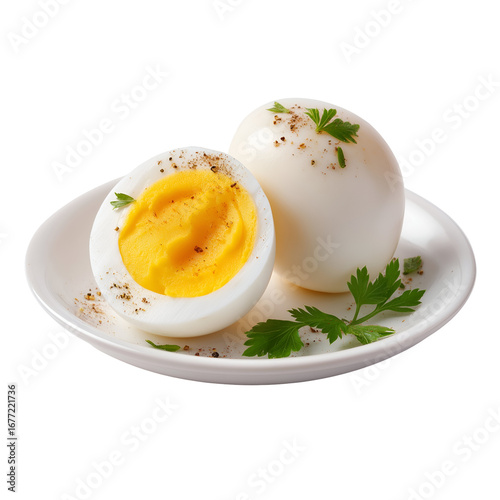 Stock photo of sliced boiled eggs with parsley on a plate for food photography on transparent background