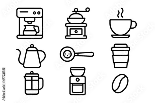 Coffee equipment and brewing methods outline icon set. Vector graphic symbols of coffee making tools: machine, grinder, cup, kettle, french press, portafilter and bean.