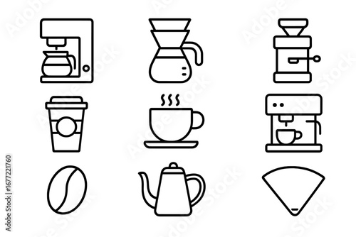 Coffee equipment outline icon set. Vector collection of coffee making symbols including brewer, grinder, espresso machine, pour-over, cup, pot, and accessories for cafe menu.