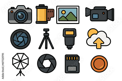 Photography icon set. Camera, video, and photo equipment symbols. Vector collection for photographer, film, media, and cinematography. Includes lens, tripod, flash, and film roll.