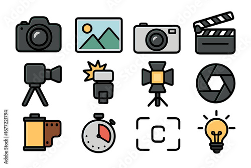 Photography and videography icon set. Vector collection of photo and video equipment symbols. Camera, lens, film, flash, clapperboard, lighting, and media signs.