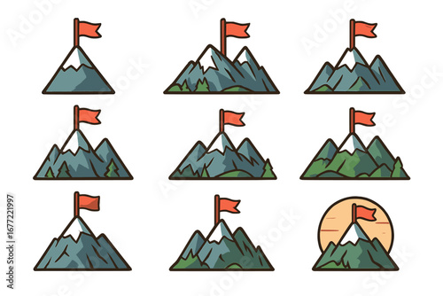 Mountain peak with flag icon set. Metaphor for success, goal achievement, victory, reaching the summit. Business mission accomplished concept. Outdoor adventure & exploration.