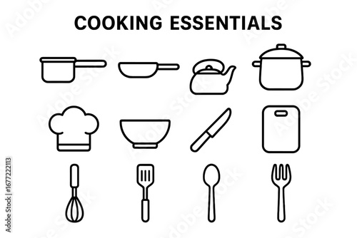Cooking essentials outline icon set. Kitchen utensil and cookware tools line collection. Vector symbols for gastronomy, culinary, and food preparation. Pot, pan, chef hat icons.