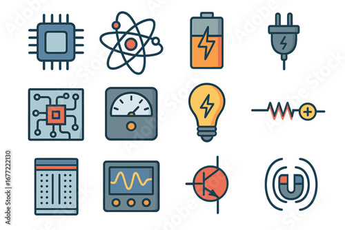 Tech and science icon set. Vector symbols for technology, electronics, physics, and energy. Includes chip, atom, battery, circuit, resistor, magnet, and transistor concepts.