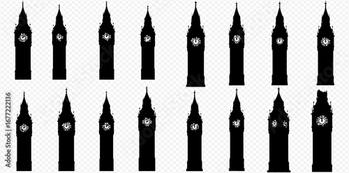 Sixteen black silhouettes of the iconic Big Ben clock tower arranged in a grid pattern on a transparent background.