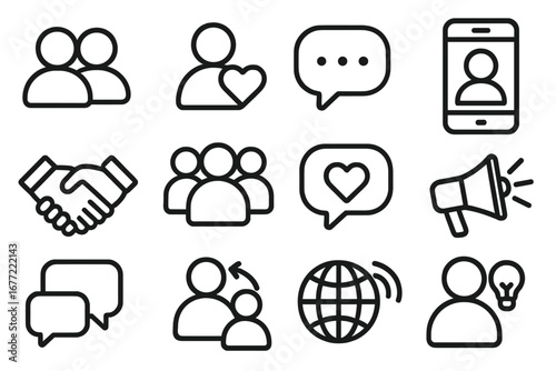 Social media marketing icon set. Digital communication, business teamwork, user interaction, community network, and customer feedback outline icons. Vector graphic signs.