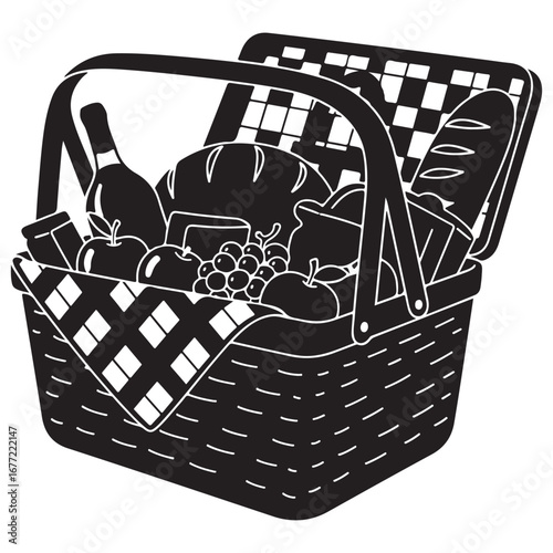 Illustrated Picnic Basket Filled with Food and Beverages