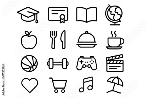 Universal line icon set. Vector symbols for web, mobile app. Education, food, sport, travel, shopping, music, entertainment, lifestyle concepts. Thin outline pictogram collection.