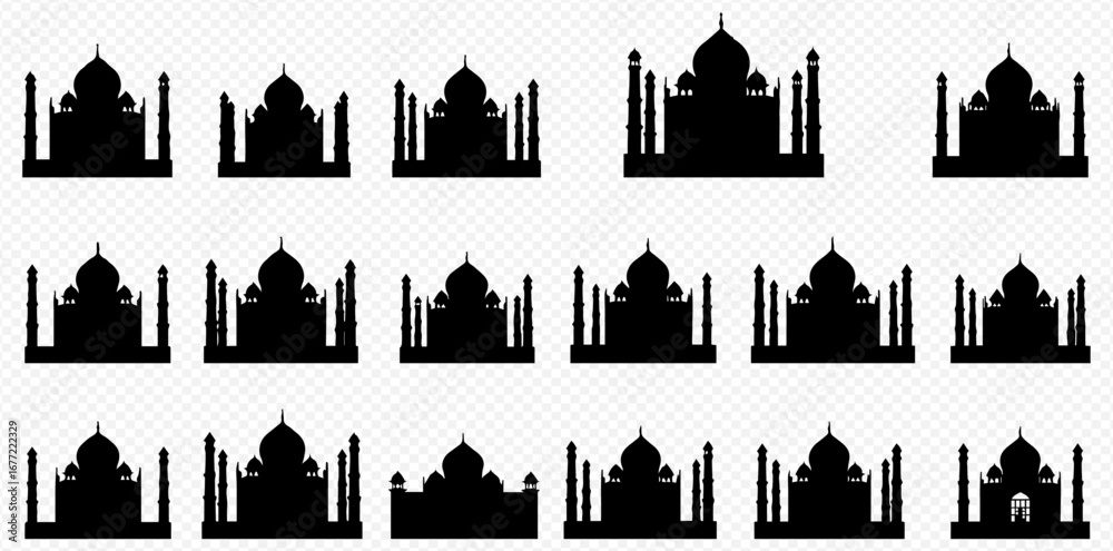 Obraz premium Collection of black silhouette icons depicting various Taj Mahal-inspired architectural structures with domes and minarets.