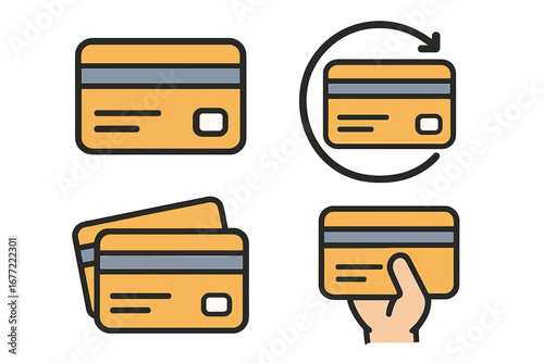 Credit card icon set. Vector cartoon illustration for payment, money, finance. Banking, e-commerce, transaction signs. Debit card, cashback, recurring payment, pay by hand.