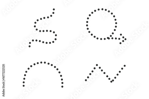 Dotted line vector set for tracing and design. Collection of abstract paths, routes, and shapes. Includes curve, circle, arrow, arch, and zig-zag. Minimalist graphic elements.