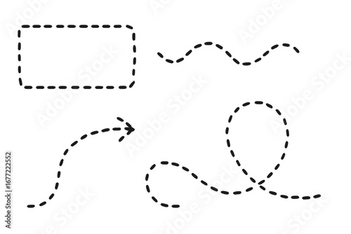 Dotted line vector set for tracing paths. Hand drawn dashed line arrow, frame, and route shapes. Cartoon illustration for coupon border or design element. Doodle sketch template.