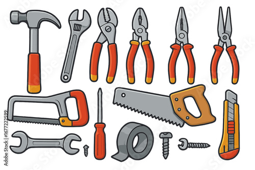 Hand tools vector set for DIY projects. Cartoon illustration of repair and construction equipment. Hammer, saw, wrench, pliers icons for workshop, hardware and toolbox concepts.