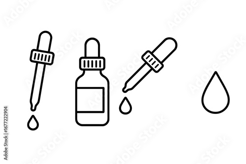 Dropper bottle pipette line icon set. Essential oil, serum, medicine vector symbol. Cosmetic skincare liquid drop outline illustration. Medical lab glass pictogram collection.