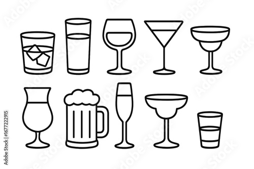Drink glass line icon set. Glassware collection for bar menu, alcohol and cocktails. Vector icons of wine, beer, whiskey, martini, margarita and champagne glasses.