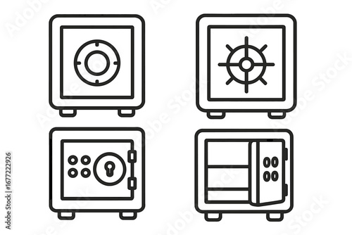 Safe icons set. Line art vector of bank vault, open and closed strongbox. Financial security, money protection, deposit safety, wealth management, and banking concepts.