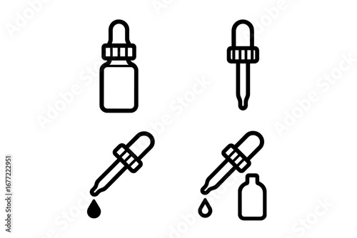 Dropper bottle with pipette line icon set. Essential oil, serum, or medicine dispenser. Cosmetic or medical liquid drop symbol. Laboratory glassware vector illustration.