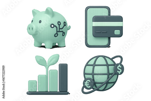 Financial growth and investment icons: piggy bank, credit card, chart, global currency. Modern 3D Icon Set