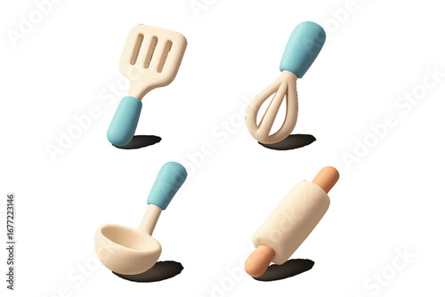 Kitchen Utensils: Spatula, Whisk, Ladle, Rolling Pin. Modern 3D Icon Set
