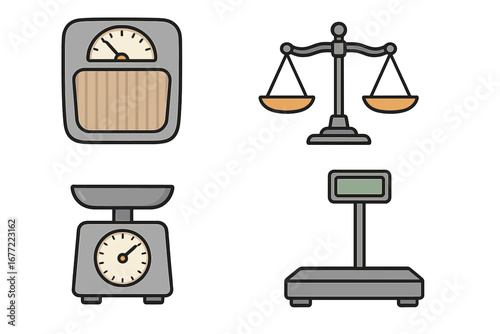 Vector scales set. Weight measurement, balance, and justice icon collection. Bathroom, kitchen, digital and libra scales. Metaphor for diet, law, equality, and comparison.