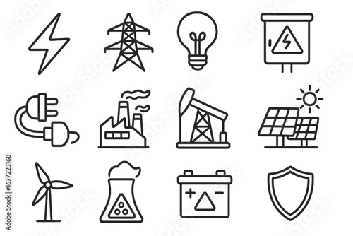 Energy and power generation icon set. Electricity, industrial, and infrastructure linear icons. Renewable and fossil fuel energy sources. Vector symbols collection for design.